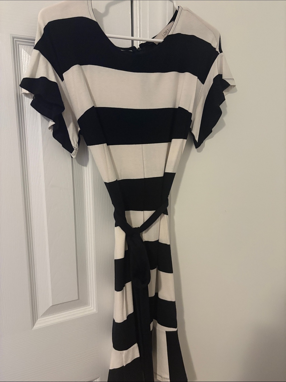 LOFT Black and White Striped Tie-Waist Midi Dress